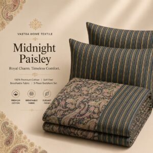 VASTRA Midnight Paisley 100% Pure Cotton King Size Bedsheet with 2 Pillow Covers | Premium Paisley Printed Bedding Set (108 × 108 Inches) thumbnail