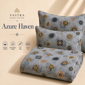 VASTRA Azure Haven 100% Pure Cotton Double Bed Bedsheet with 2 Pillow Covers | Premium Blue Printed Bedding Set (90 × 100 Inches) thumbnail